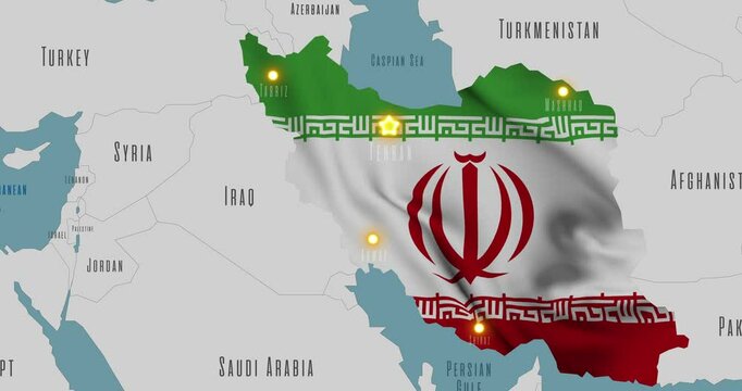 Map of Iran in the colors of national flag. The capital and major cities are marked.
