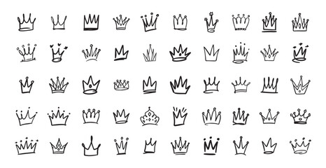 Hand drawn Crown vector set. Doodle collection. Drawing crowns. Royal head, Queen crown, King crown, various design.