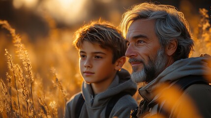 Fototapeta premium senior father, his son on walk in nature standing, talking