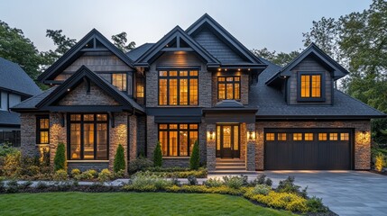 Modern home exterior with warm lights and landscaped yard.