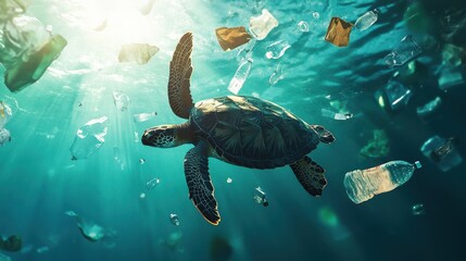 Fototapeta premium Sea turtle swimming among floating plastic waste in the ocean, bottles, bags, and debris surrounding it, clear blue water with sunlight filtering down, a powerful image highlighting pollution,