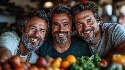 senior father, mature son making fruit smoothie as snack having fun in kitchen taking selfie