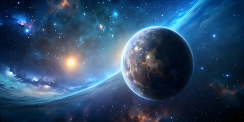 Obraz premium A mesmerizing stock photo of a planet surrounded by stars in the night sky, cosmos, universe, galaxy