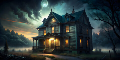 Mysterious old house surrounded by darkness at night, haunted, spooky, abandoned, eerie, dilapidated, ancient