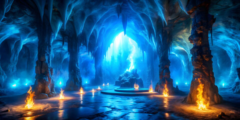 Mystical cavern with blue flames illuminating ancient artifacts, mysterious, cavern, mystical, blue flames, goblet, ancient