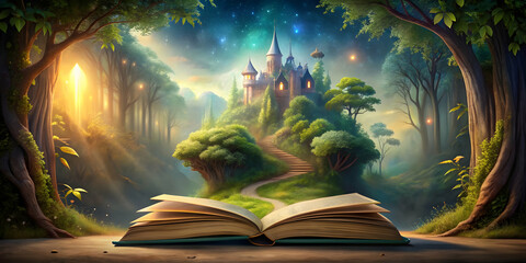 Fototapeta premium Enchanted fantasy world inside a magical book , Fairy tale, imagination, creativity, education, literature, storytelling