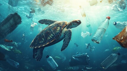 Obraz premium Sea turtle swimming among floating plastic waste in the ocean, bottles, bags, and debris surrounding it, clear blue water with sunlight filtering down, a powerful image highlighting pollution,