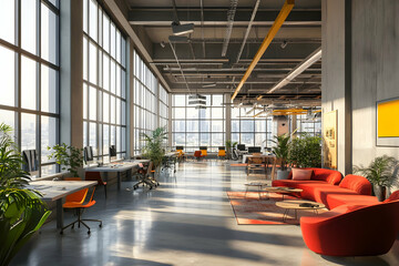 Modern Office Interior Design with Floor to Ceiling Windows and a Red Sofa