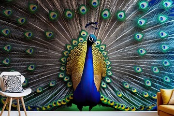 Obraz premium Vibrant Indian Peacock Mural in Bold Blue and Green Home Decor