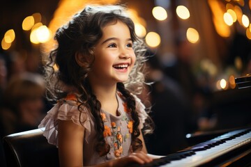 Little asian girl playing the piano on musical concert