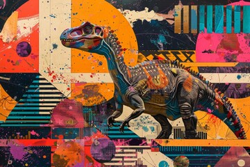 Colorful brachiosaurus dinosaur walking in urban pop art style illustration