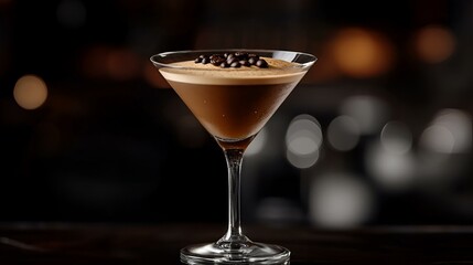 Creamy Coffee Cocktail in Martini Glass with Bean Garnish Against Dark Backdrop.