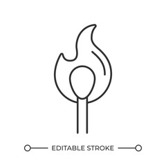 Matchstick with flame linear icon. Burning match. Combustion concept. Heat and energy source. Fire safety. Thin line illustration. Contour symbol. Vector outline drawing. Editable stroke