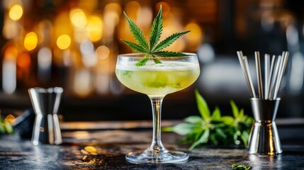 A refreshing cocktail garnished with a cannabis leaf, on a blurred bar background.