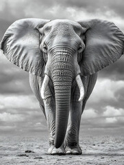 Naklejka premium Elephant Walking in the Savanna, Black and White