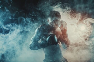 Fototapeta premium A person wearing boxing gloves surrounded by smoke
