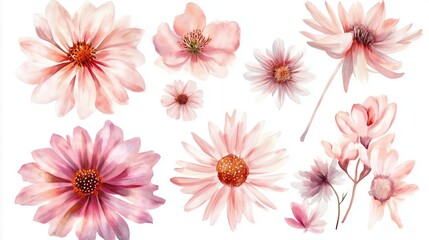 A collection of delicate pink and white flowers arranged artistically on a light background showcasing their natural beauty