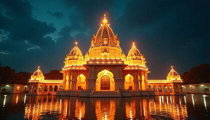 Fototapeta premium Indian temple illuminated with sparkling lights during Diwali night creating a radiant and divine atmosphere.
