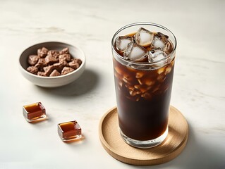 Refreshing Iced Coffee with Brown Sugar Cubes on Light Marble Background for Gourmet Beverage Concept.