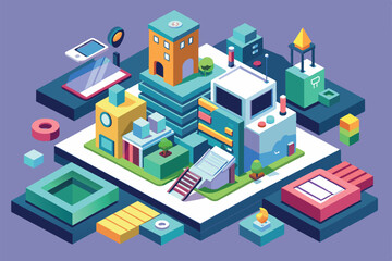 A colorful isometric cityscape in the process of being customized, showcasing unique buildings, greenery, and various geometric shapes.