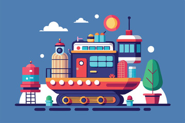 Naklejka premium A colorful mobile home featuring unique design elements sits among trees and clouds, basking in the warm sunlight, ready for adventure and creativity.