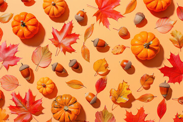 Colorful autumn leaves and pumpkins pattern