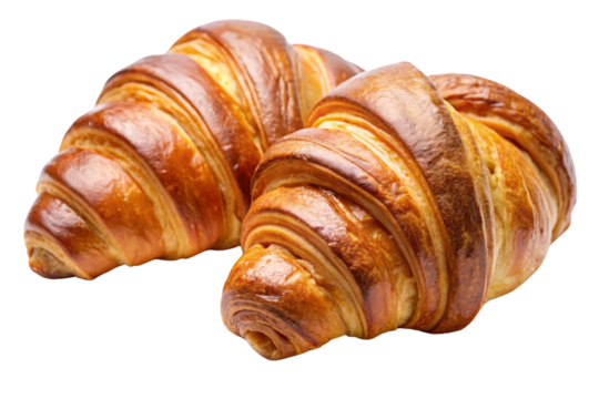 A pair of perfectly baked croissants placed side by side, their golden layers and curves mirroring each other, creating a tempting bakery scene, on a transparent background