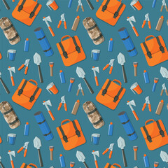 Seamless flat lay of tourist items: backpack, axe, torch, sleeping bag, tools etc
