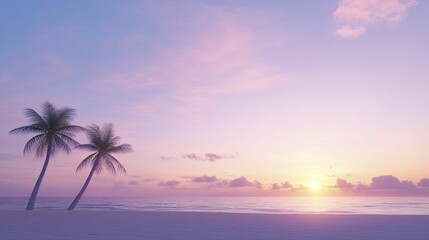 Obraz premium Serene Beach Scene with Two Graceful Palm Trees Framing the Horizon Under a Clear Blue Sky, Inviting Relaxation and Tranquility