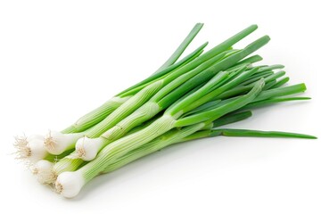 Fresh green onions arranged on a clean white surface