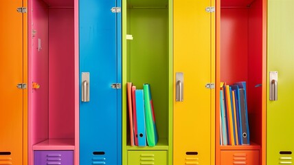 Colorful and organized school lockers filled with books and supplies