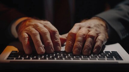 A close-up shot of a person working on their laptop, fingers flying across the keyboard