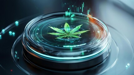 Digital representation of cannabis leaf with data visualization elements.