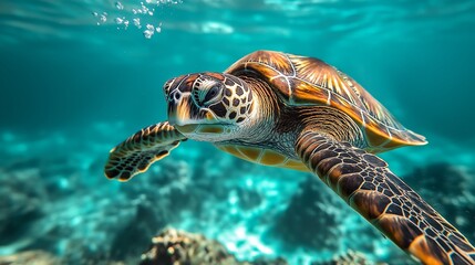 Fototapeta premium A sea turtle is swimming in the clear turquoise ocean waters, underwater marine life scene