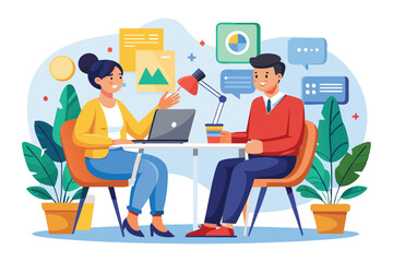 Fototapeta premium A dynamic discussion takes place between two individuals at a contemporary desk, surrounded by plants and colorful visuals, showcasing a productive atmosphere.