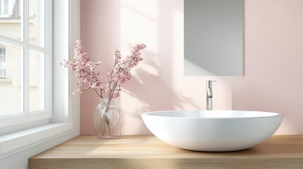 Fototapeta premium Modern Minimalist Bathroom with White Vessel Sink and Pink Cherry Blossom Decor in Natural Light