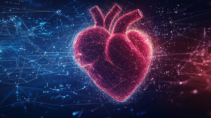 Heart. Human heart surrounded by digital data streams. Isolated tech-inspired background. Big data and health monitoring systems. 