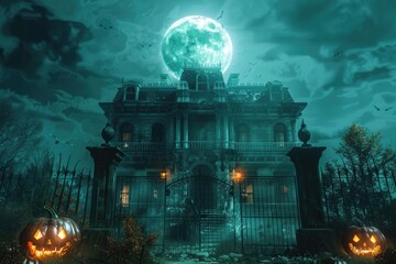 Obraz premium A spooky old house with carved pumpkins on the porch, perfect for Halloween or fall-themed designs