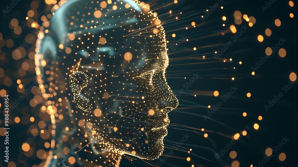 Wall mural digital head made of glowing dots and lines, representing artificial intelligence and the concept of