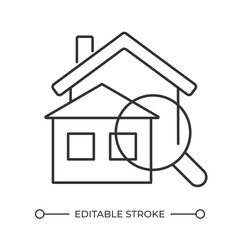 Searching for house linear icon. Real estate. Property search. Home inspection and evaluation. Realty services. Thin line illustration. Contour symbol. Vector outline drawing. Editable stroke