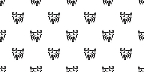 cat seamless pattern halloween skeleton skull bone cartoon black kitten calico doodle pet tile background gift wrapping paper scarf isolated repeat wallpaper illustration