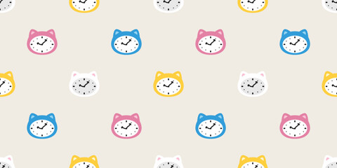 cat seamless pattern alarm clock kitten calico face head vector munchkin neko pet cartoon doodle gift wrapping paper tile background repeat wallpaper illustration isolated design