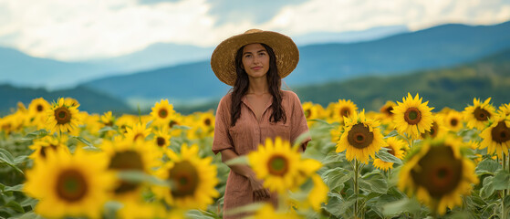 A woman stands amidst vibrant sunflower fields, radiating joy and serenity in a picturesque landscape under a bright blue sky.