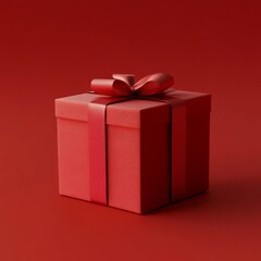 Fototapeta premium A bright red gift box with a shiny ribbon stands out against a matching red background. Ideal for holiday promotions, celebrations, and special occasions. Perfectly styled for a festive touch. AI