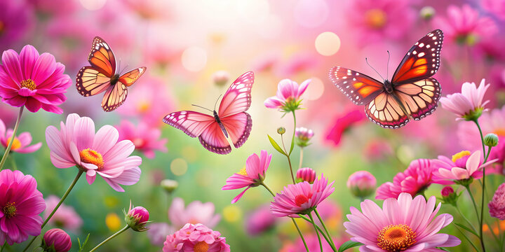 Fototapeta Pink butterflies gracefully fluttering amongst vibrant flowers, pink, butterflies, fluttering, vibrant, flowers, nature, beauty