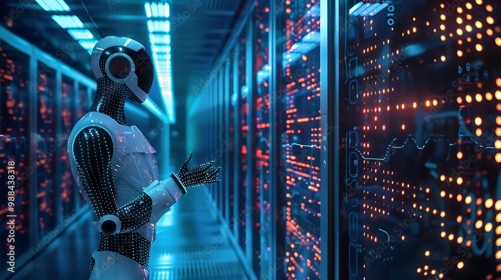 Poster futuristic robot stands in a data center, showcasing the intersection of technology and artificial i