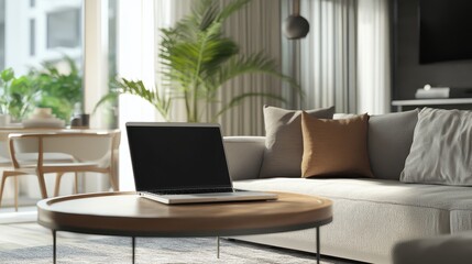 Cozy and Modern Home Office Setup with Laptop on Coffee Table