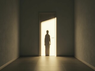 Obraz premium Contemplative Individual Standing in an Inviting Room with Soft Lighting, Surrounded by Minimalist Decor and Warm Tones, Evoking a Sense of Peace and Reflection