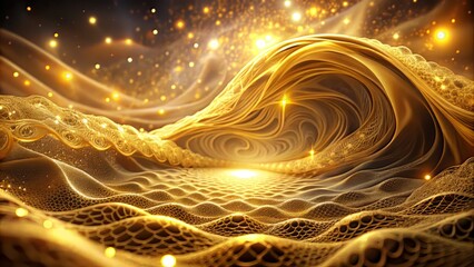 Obraz premium Undulating waves of golden luminescence emanate from a central vortex, as delicate, lace-like patterns unfold, bathing the surrounding environment in an ethereal glow