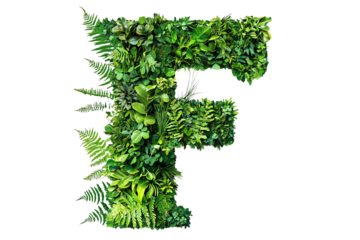 Botanical Letter F with Green Leaves and Foliage, Nature-Inspired Typography and Eco-Friendly Design on Transparent Background, Perfect for Environmental Themes